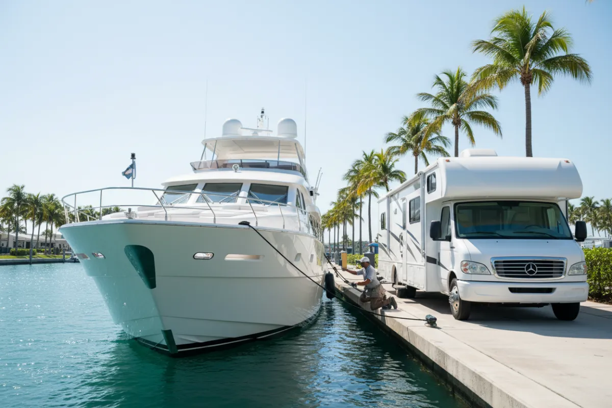 A white yacht docked at a marina, with a detailer polishing the hull under clear blue skies, and an RV parked nearby, both gleaming and surrounded by water and palm trees.