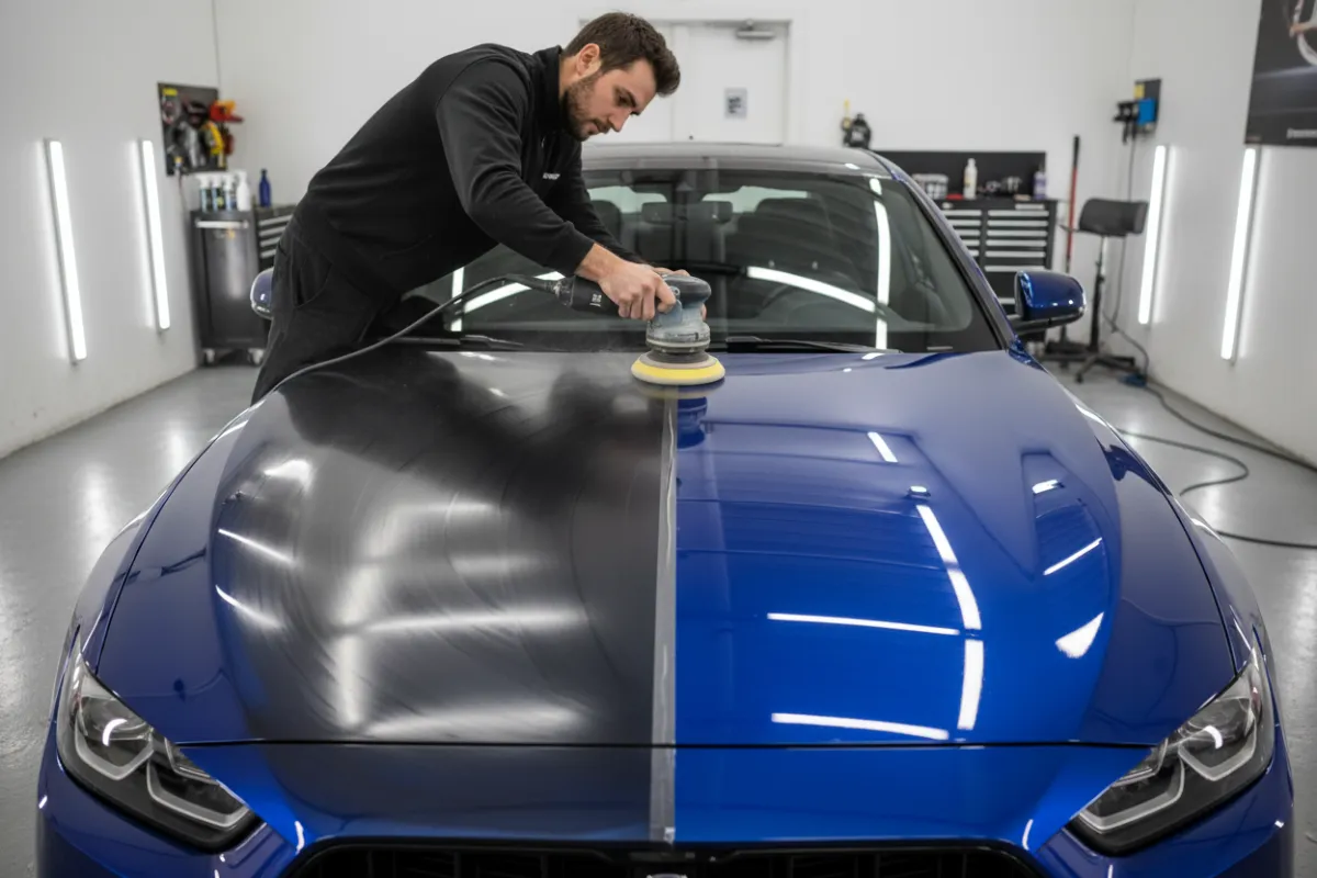 A technician using a dual-action polisher on a deep blue sedan, with dramatic before-and-after reflections visible on the hood, set in a well-lit, professional detailing bay.