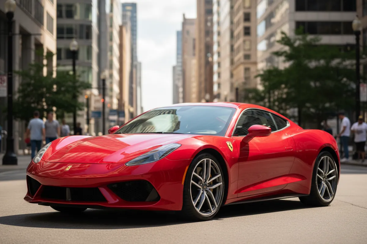 A gleaming red sports car parked on a sunlit city street, reflecting the sky and nearby buildings, with a subtle urban background and crisp, clean lines emphasizing the vehicle's pristine detailing.