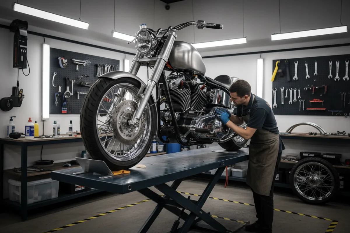 A custom motorcycle on a lift, with a detailer polishing chrome parts in a modern workshop, surrounded by tools and accessories, capturing the bike’s shine and the technician’s precision.