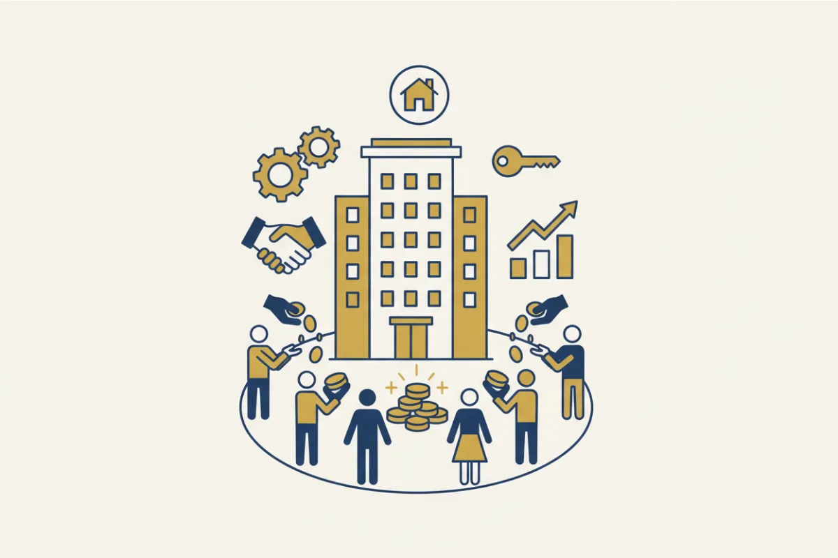 A flat-style infographic depicts a diverse group of people pooling money to purchase a large apartment building. The illustration uses a gold and deep blue palette, with simple icons representing teamwork, investment, and property ownership. The background is off-white, emphasizing clarity and approachability.