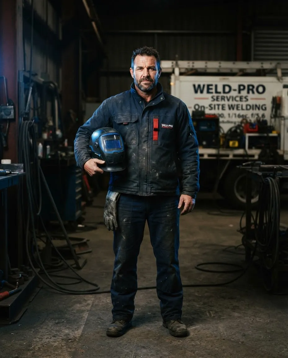 Chase Wells, professional mobile welder in industrial workwear with welding helmet on site