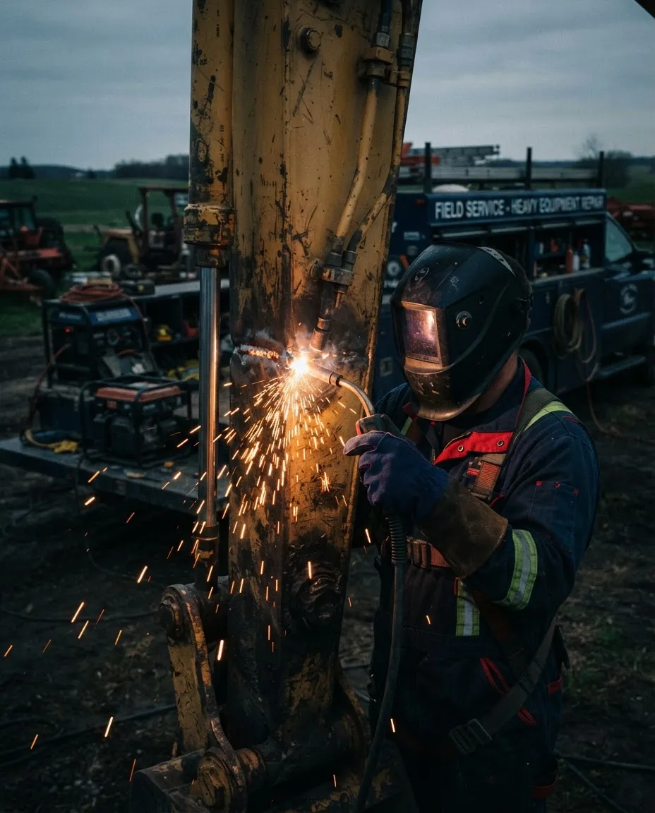 Heavy excavator boom arm being welded on-site with sparks flying from mobile service truck