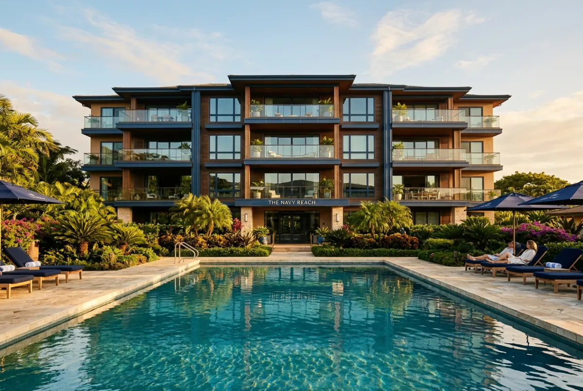 Luxury resort condominium exterior with scenic landscaping and swimming pool