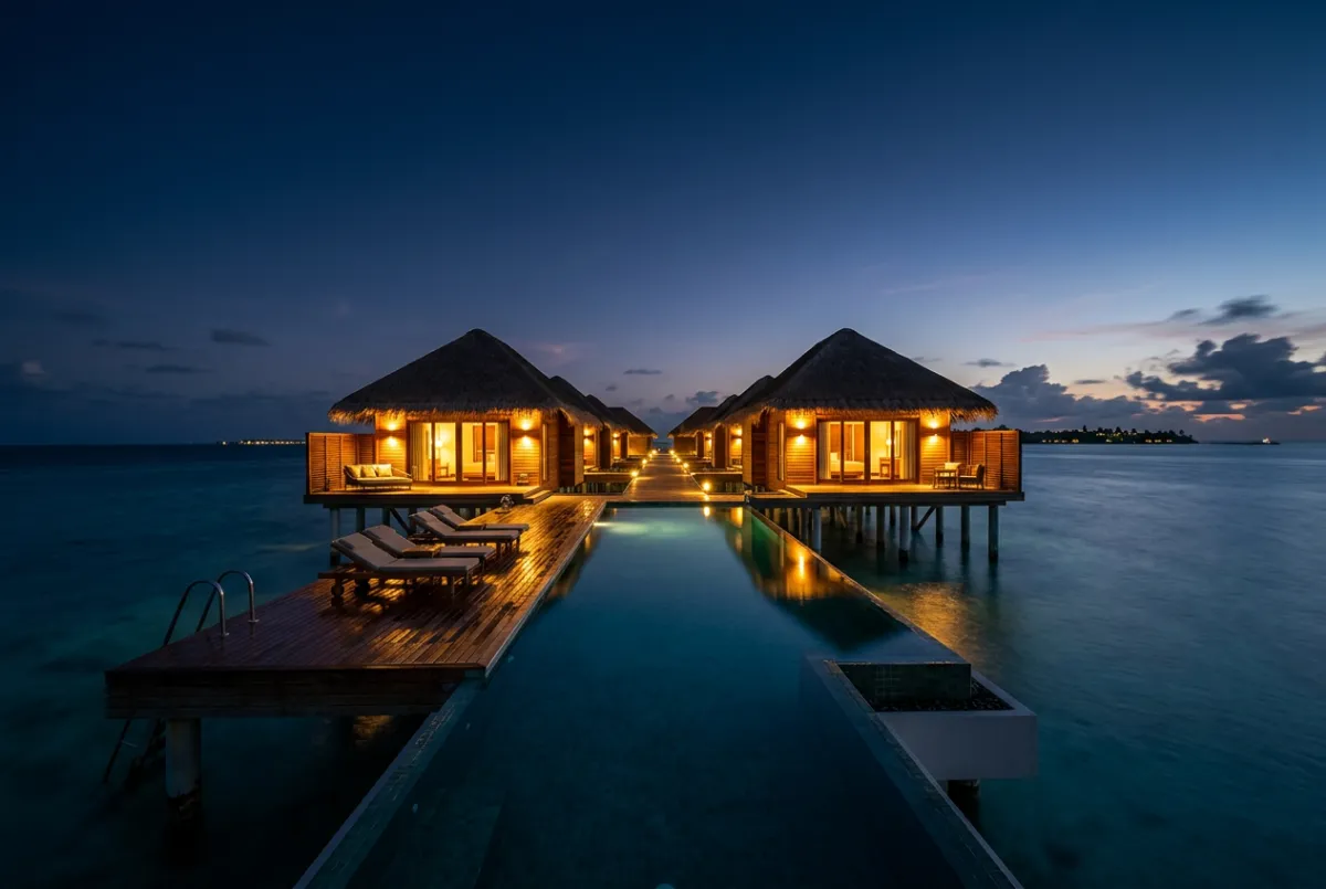 Exclusive overwater resort villas with infinity pool overlooking ocean landscape