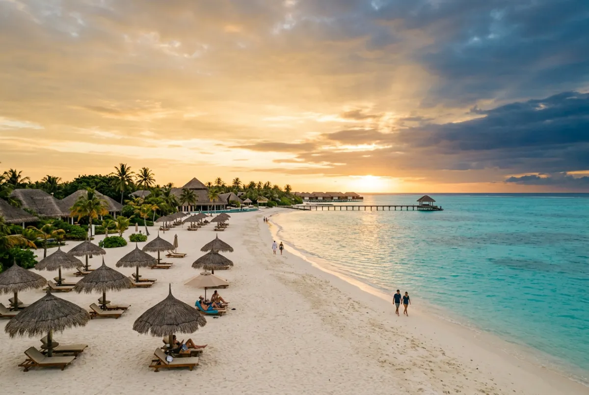 Tropical all-inclusive beach resort with thatched umbrellas and turquoise waters