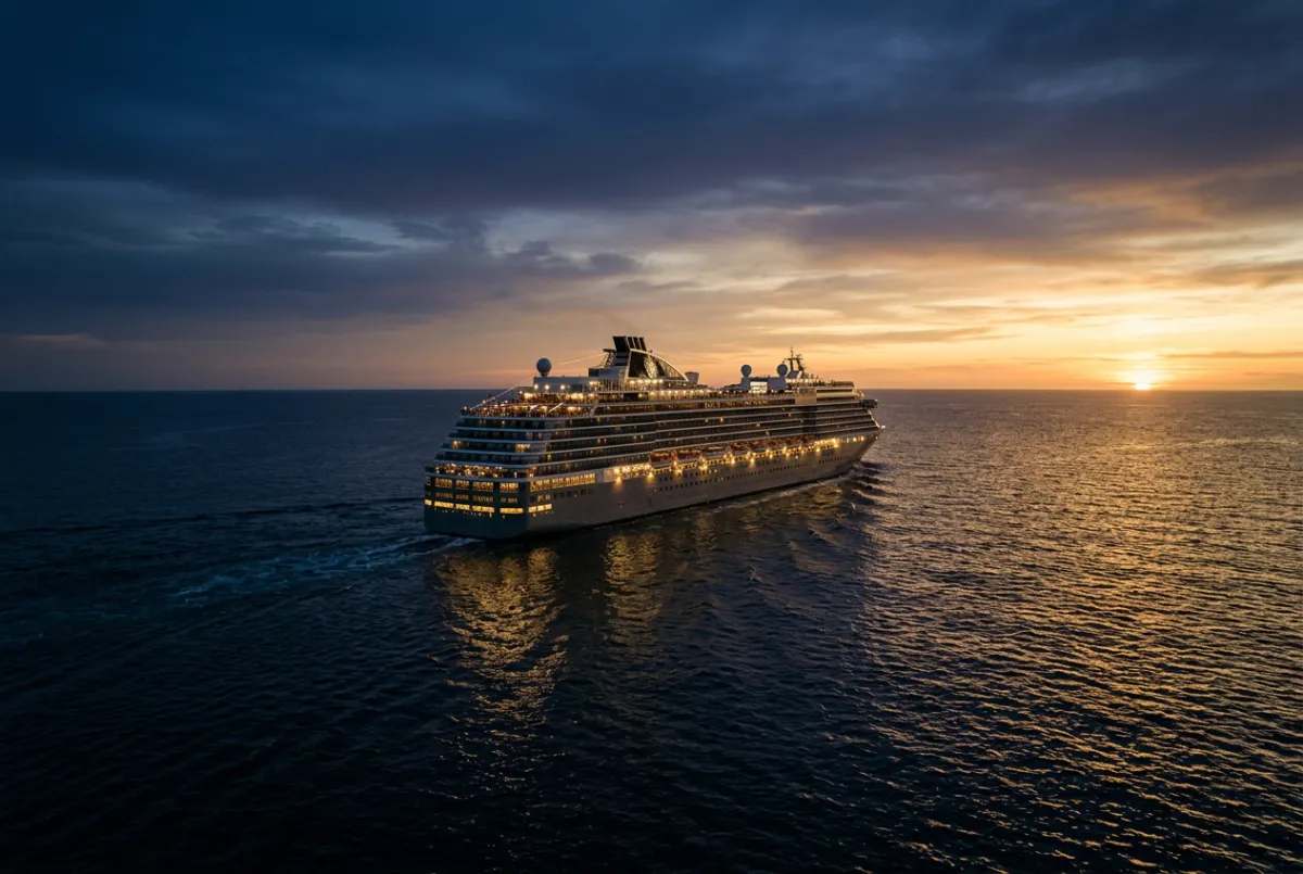 Luxury cruise ship sailing on open blue water during golden sunset