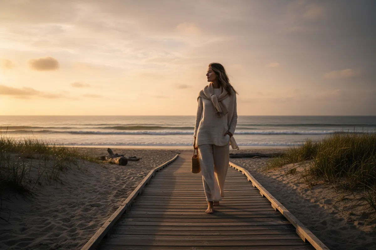 Client walking outdoors near a coastal boardwalk at sunrise, evoking holistic restoration and renewed daily life.