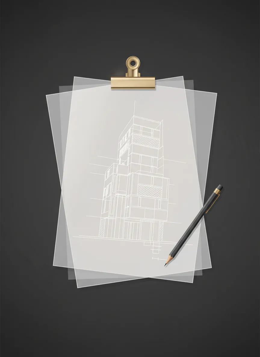 Abstract minimal architectural illustration of building plans and structure