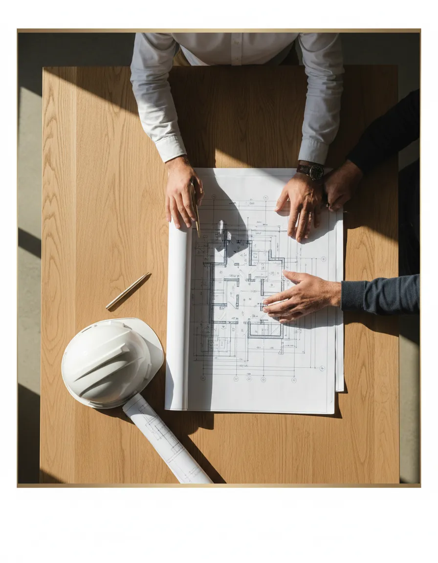 Builder and architect reviewing plans professionally
