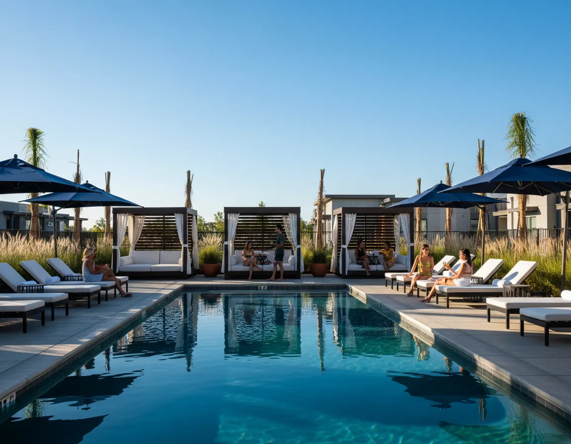 Residents enjoying pool and outdoor lounge at Residences of Siena South community