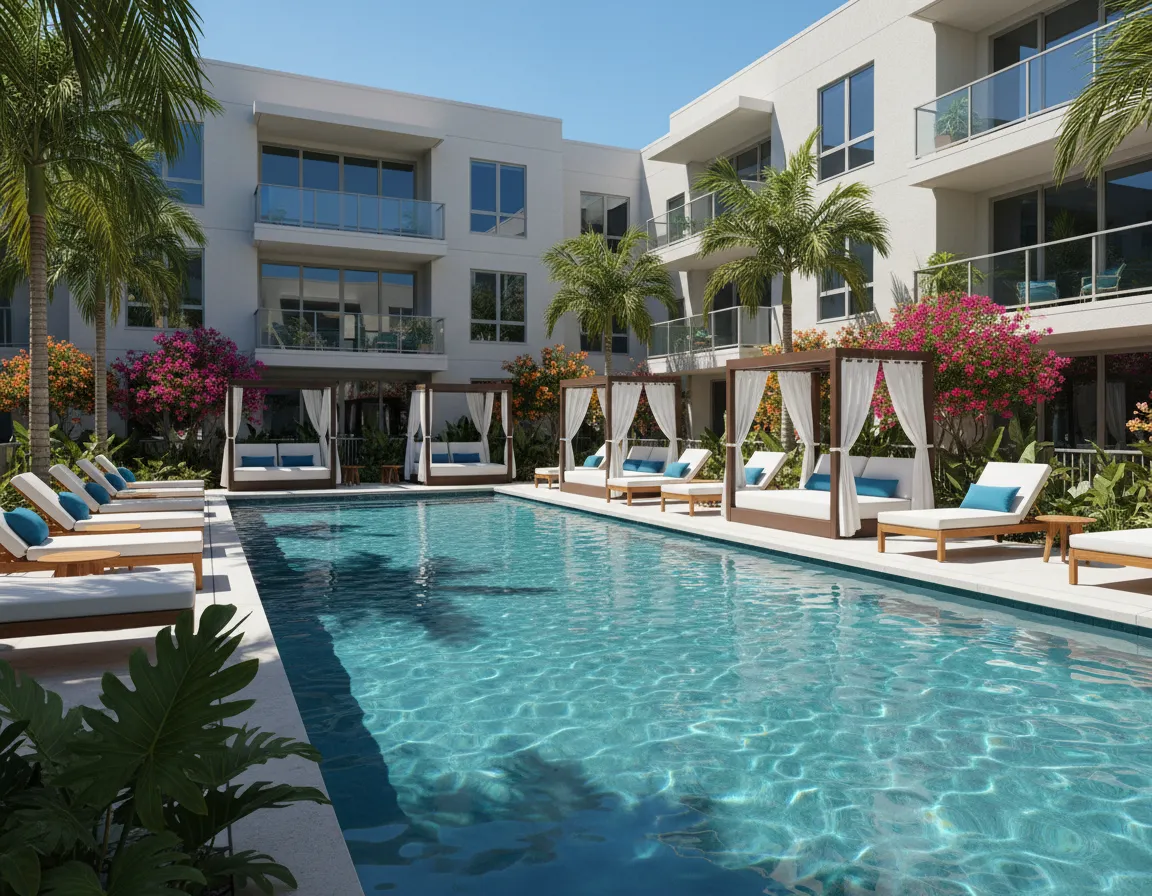 Sparkling pool and cabanas at Siena South apartments