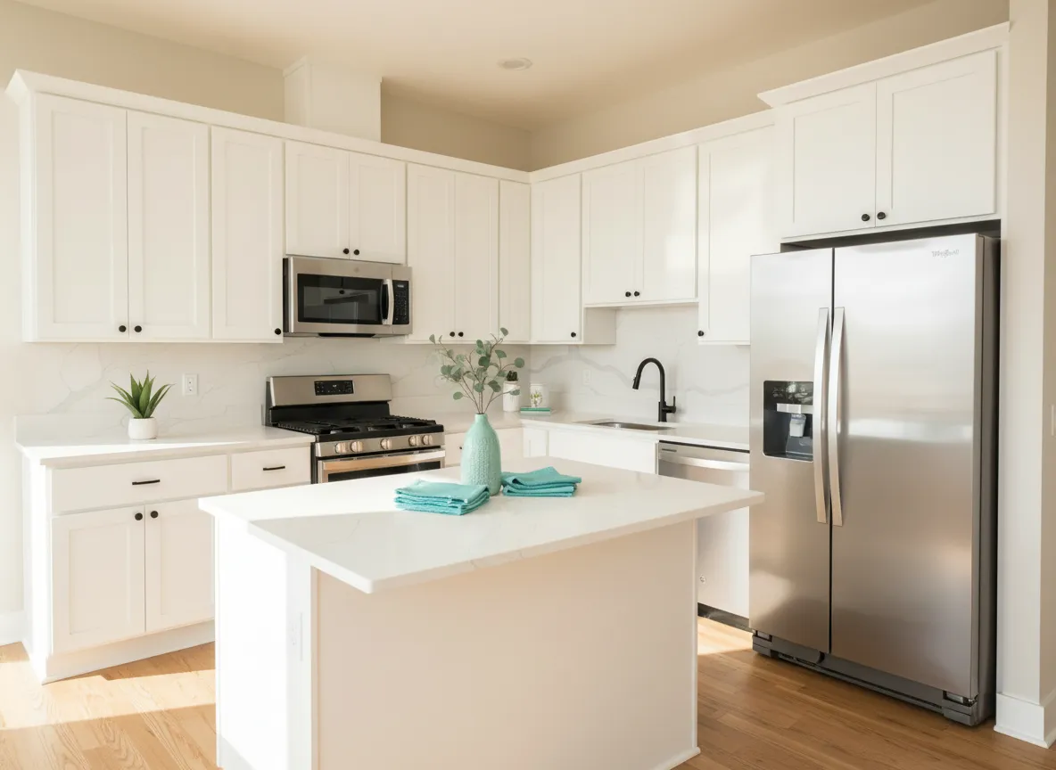 Modern bright kitchen inside Siena South apartments with quartz countertops
