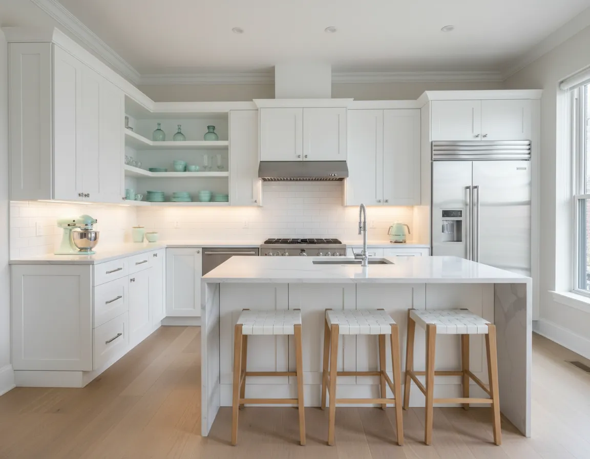 Bright modern kitchen with white cabinets and stainless appliances