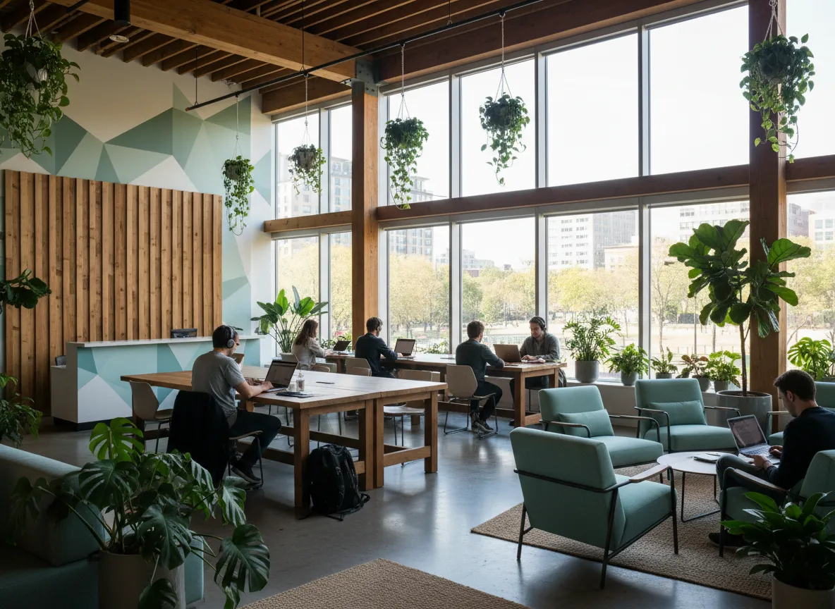 Co-working lounge with comfortable seating and large windows