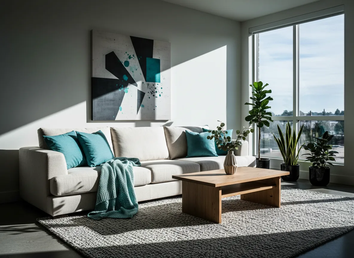 Living room with aqua accents and modern furniture