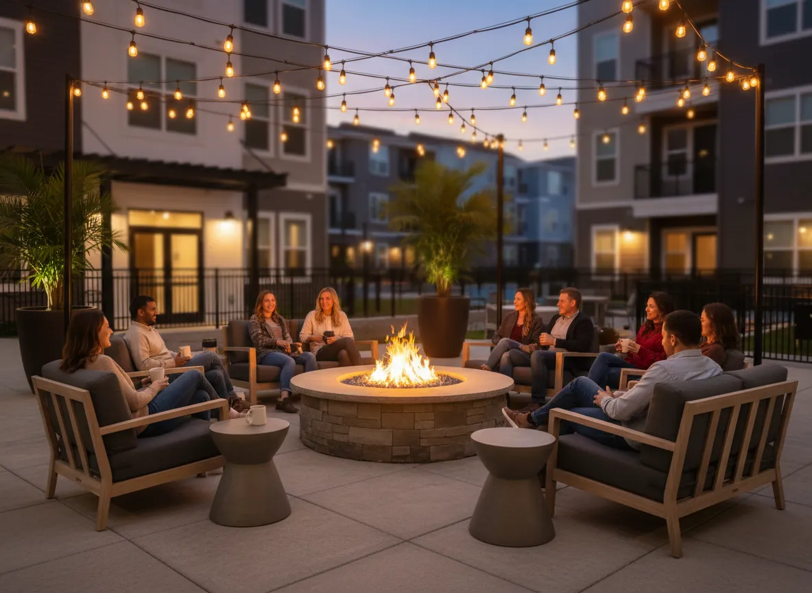 Outdoor fire pit lounge space at Siena South apartments