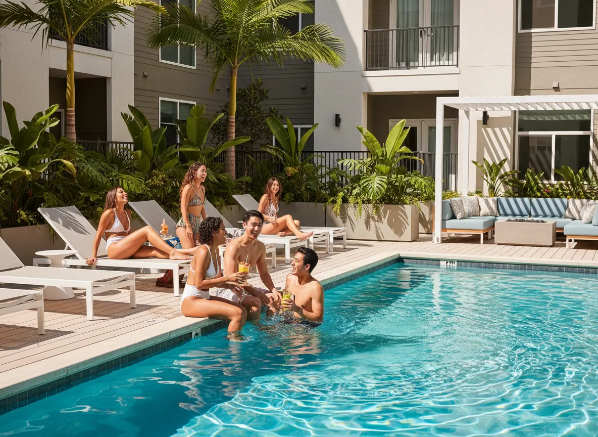 Residents relaxing at Siena South apartments pool and outdoor lounge