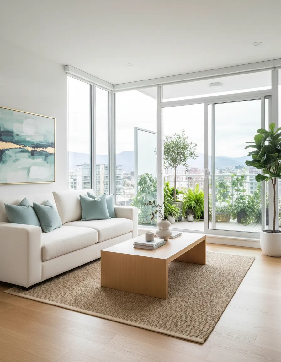 Modern Siena South apartment living room with large windows and aqua accents