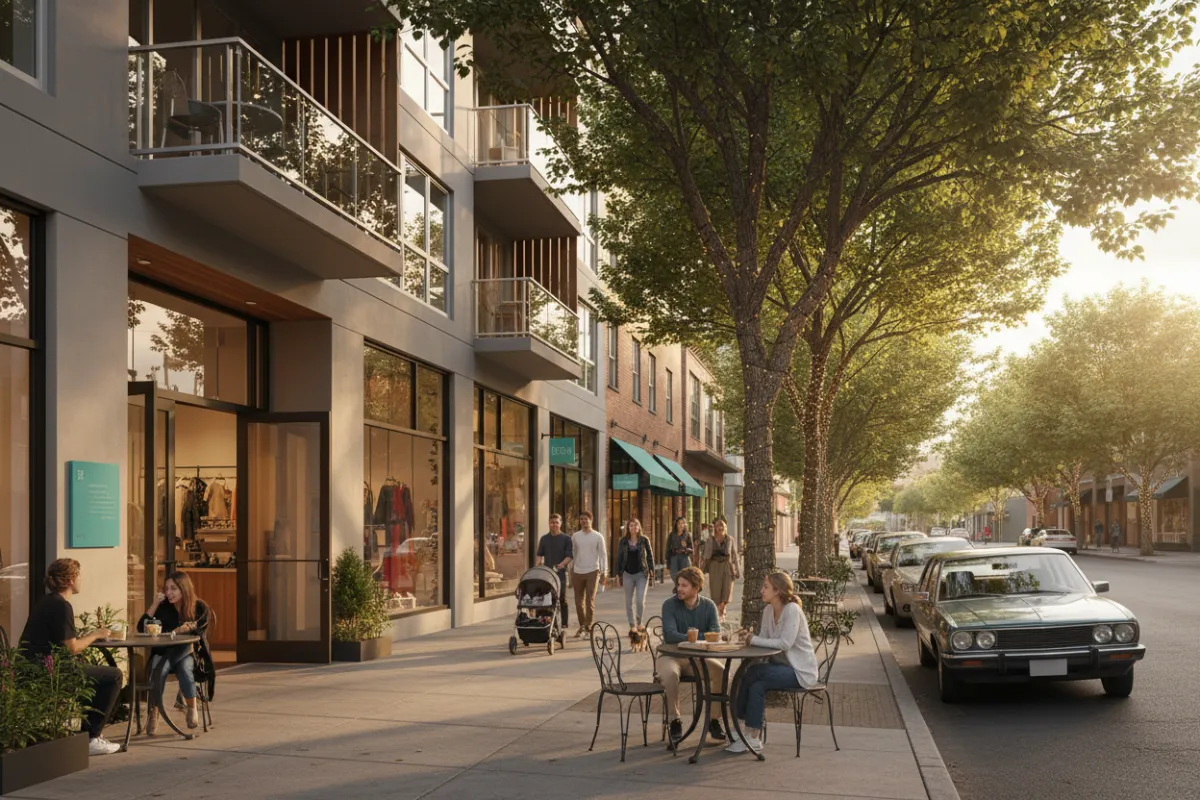 Street-level neighborhood view near Residences of Siena South with shops and trees