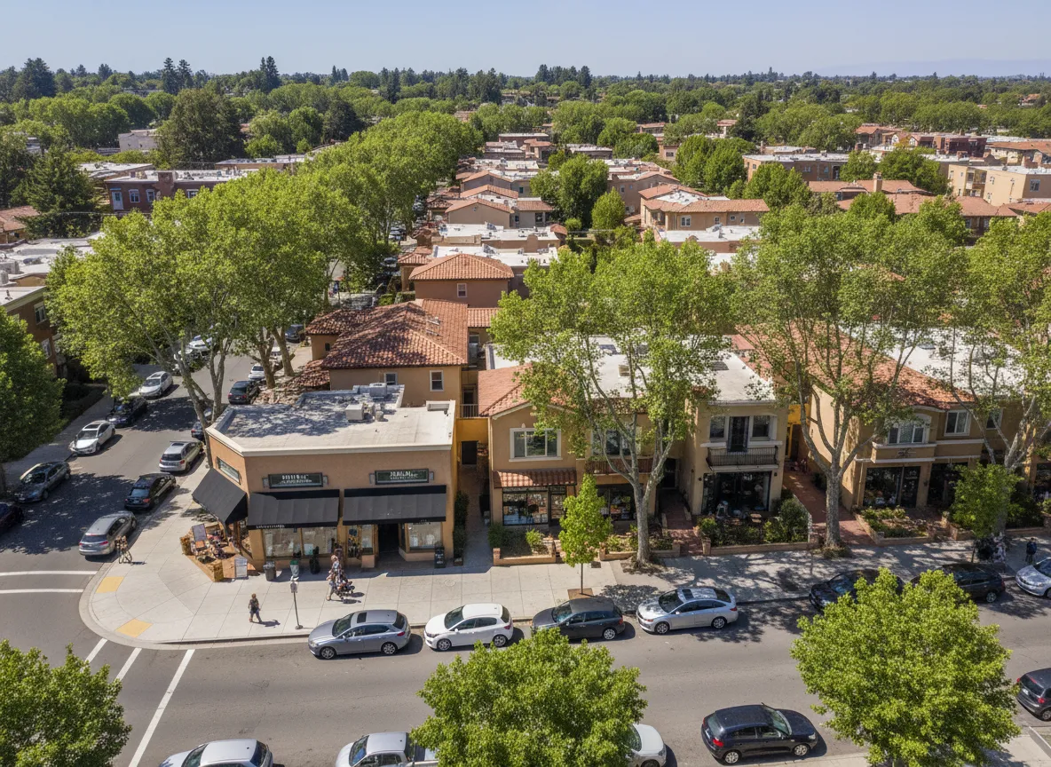 Aerial view of a walkable neighborhood near Siena South with tree-lined streets and nearby shops