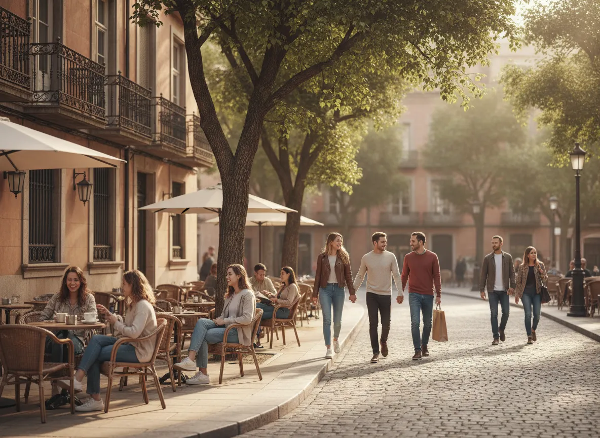 Walkable neighborhood near Siena South apartments with coffee shops and trees