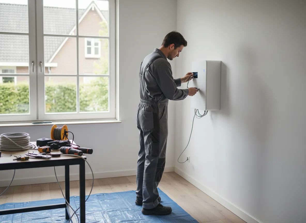 Installateur plaatst een thuisbatterij in een woning