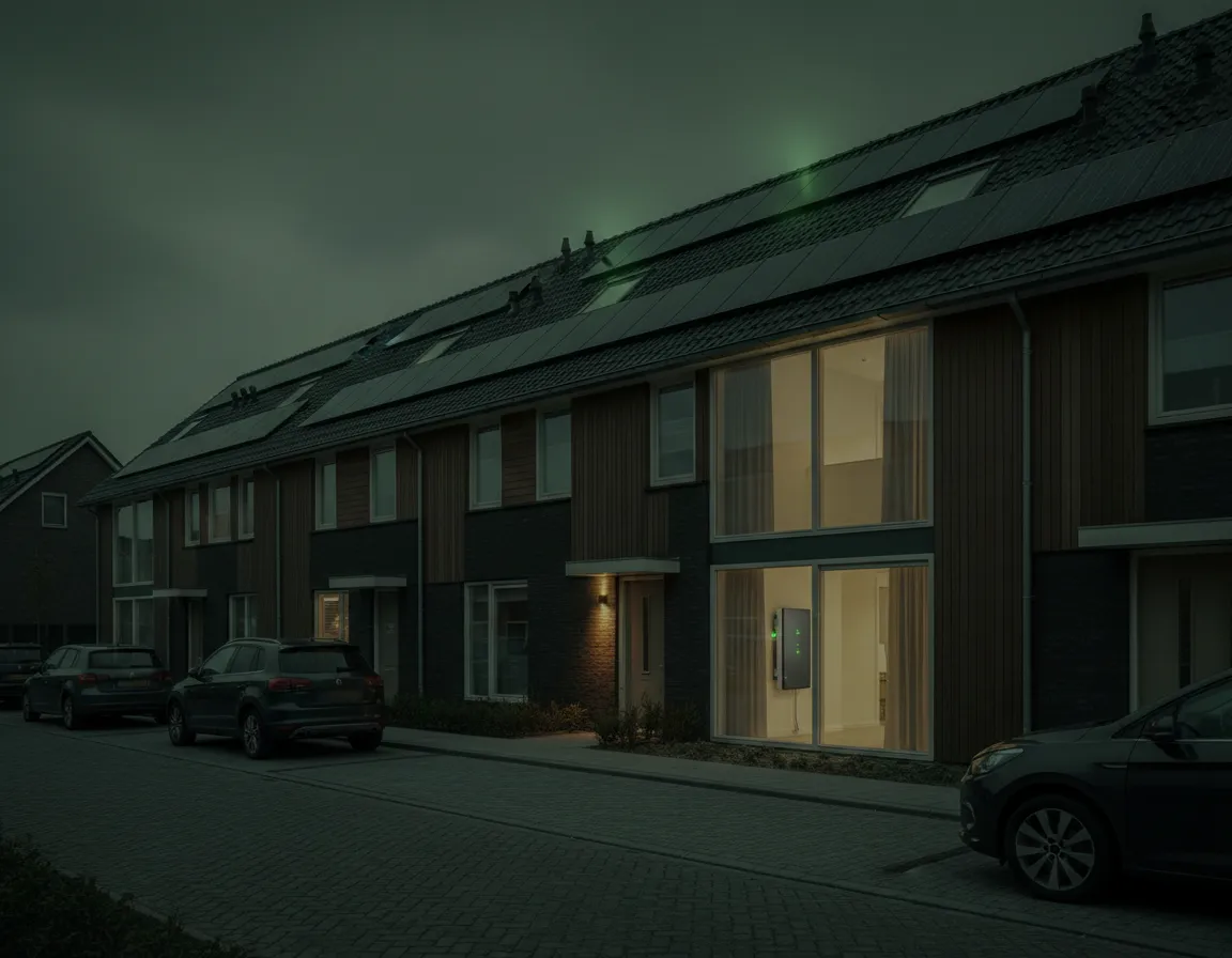 Woning met zonnepanelen en energieopslag (illustratie)