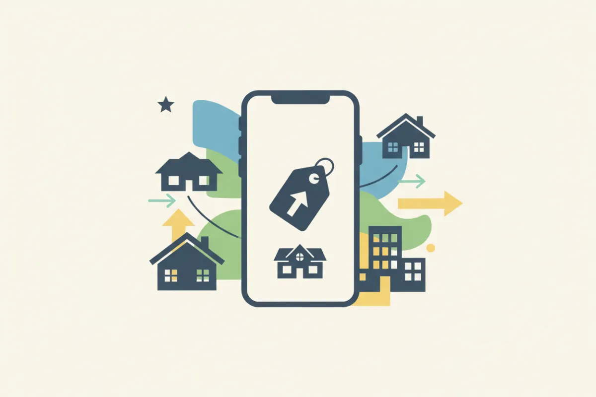 A flat vector illustration of a smartphone displaying a notification with a price tag icon, surrounded by abstract shapes and home silhouettes. The image represents pricing alerts and timely updates for home buyers.