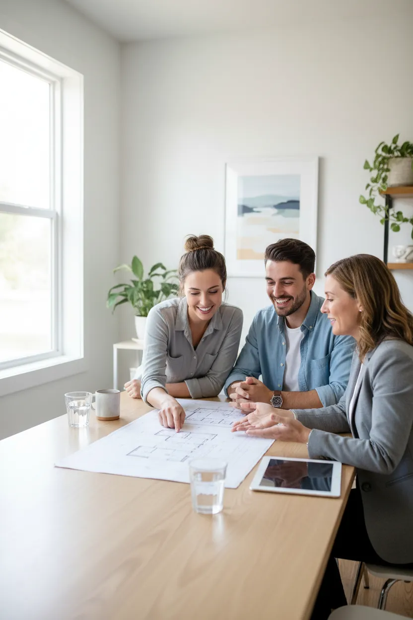A lifestyle photograph of a professional home advisor meeting with a young couple at a bright, modern office table. The advisor is showing floor plans, and the couple looks engaged and optimistic. The setting is welcoming, with natural light and subtle home decor elements.