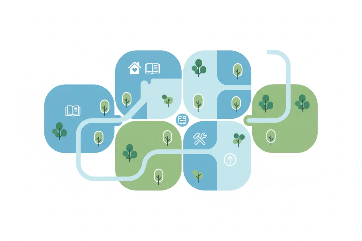 A flat vector illustration showing a map with highlighted neighborhoods, trees, and community icons. The color palette is soft blues and greens, and the style is clean and modern, representing community updates in a visually engaging way.