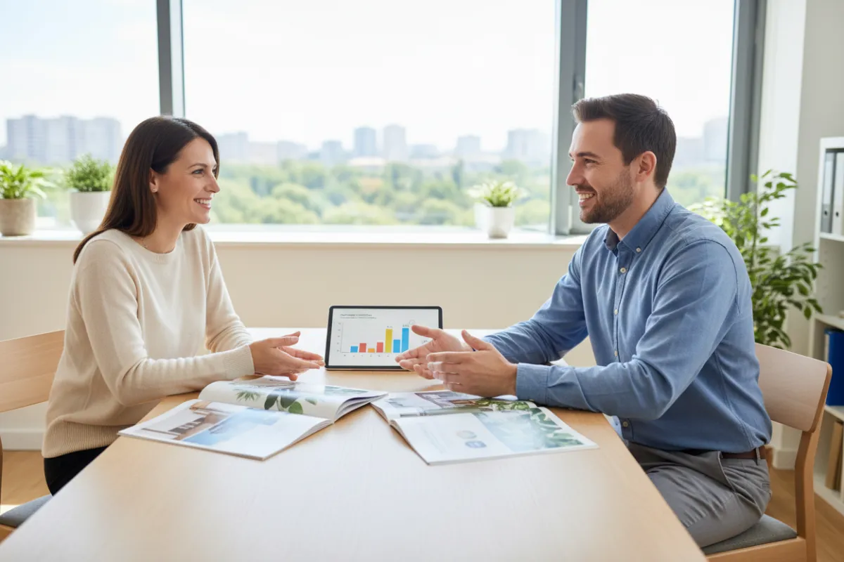 Homebuyer meeting with consultant in a bright office