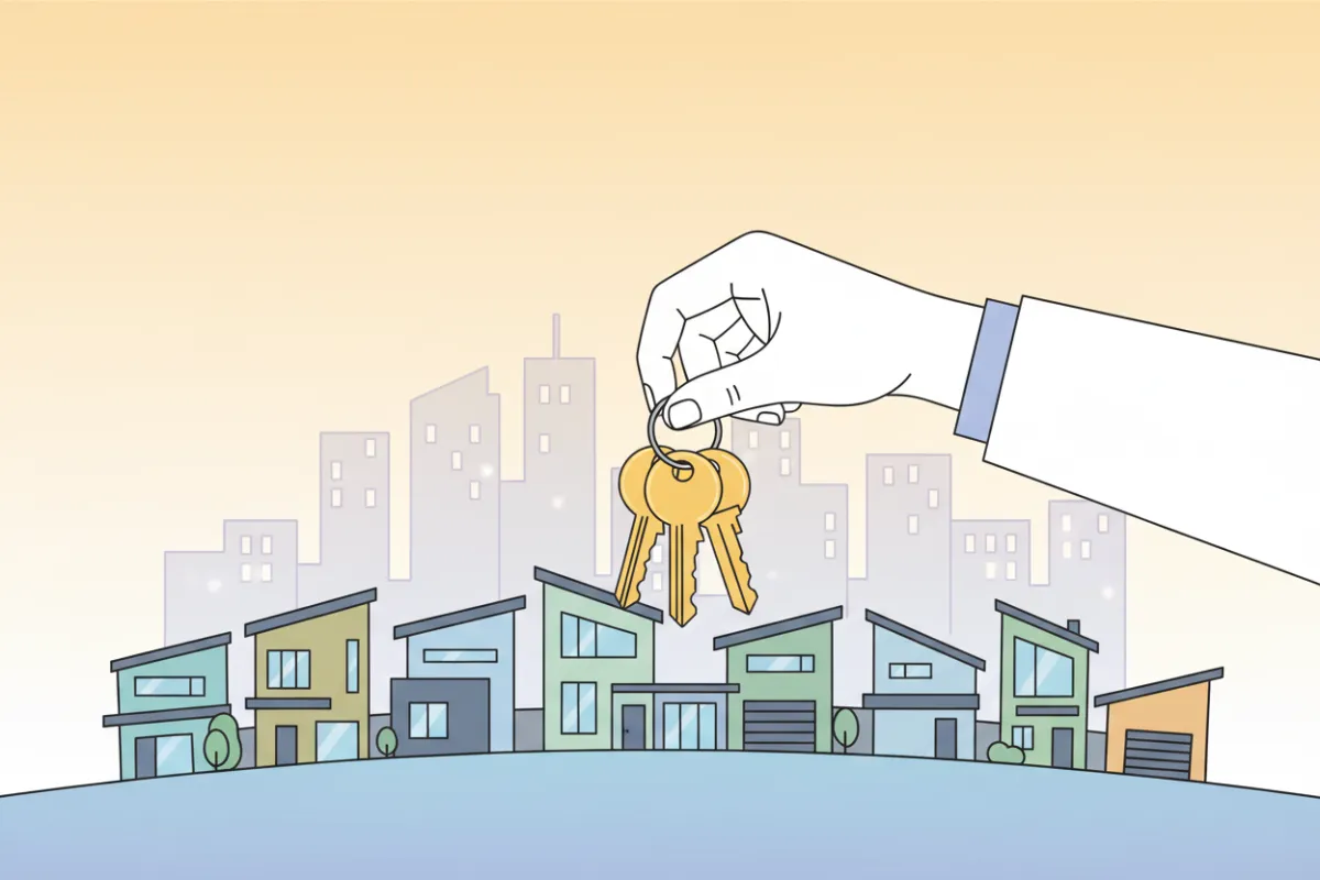 A flat vector illustration of a hand holding a set of new house keys in front of a row of modern homes. The background features subtle cityscape elements, and the image conveys the excitement of new home releases.