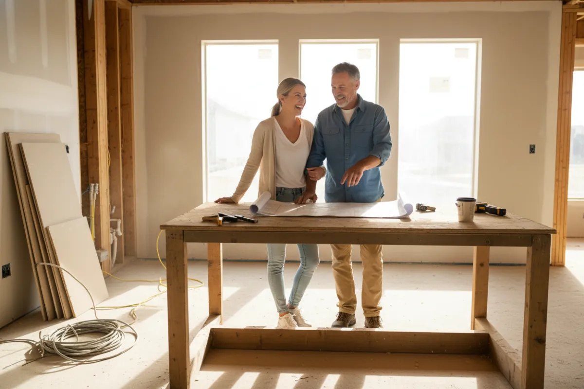 Builder and homebuyer reviewing blueprints in a new home