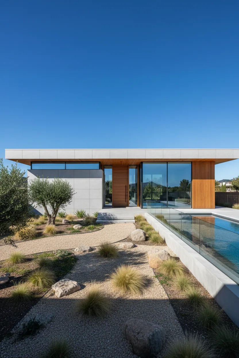 A high-resolution photograph of a newly constructed modern home with large windows, clean lines, and a landscaped front yard. The home is bathed in natural light, with a clear blue sky, and the image emphasizes architectural detail and curb appeal.