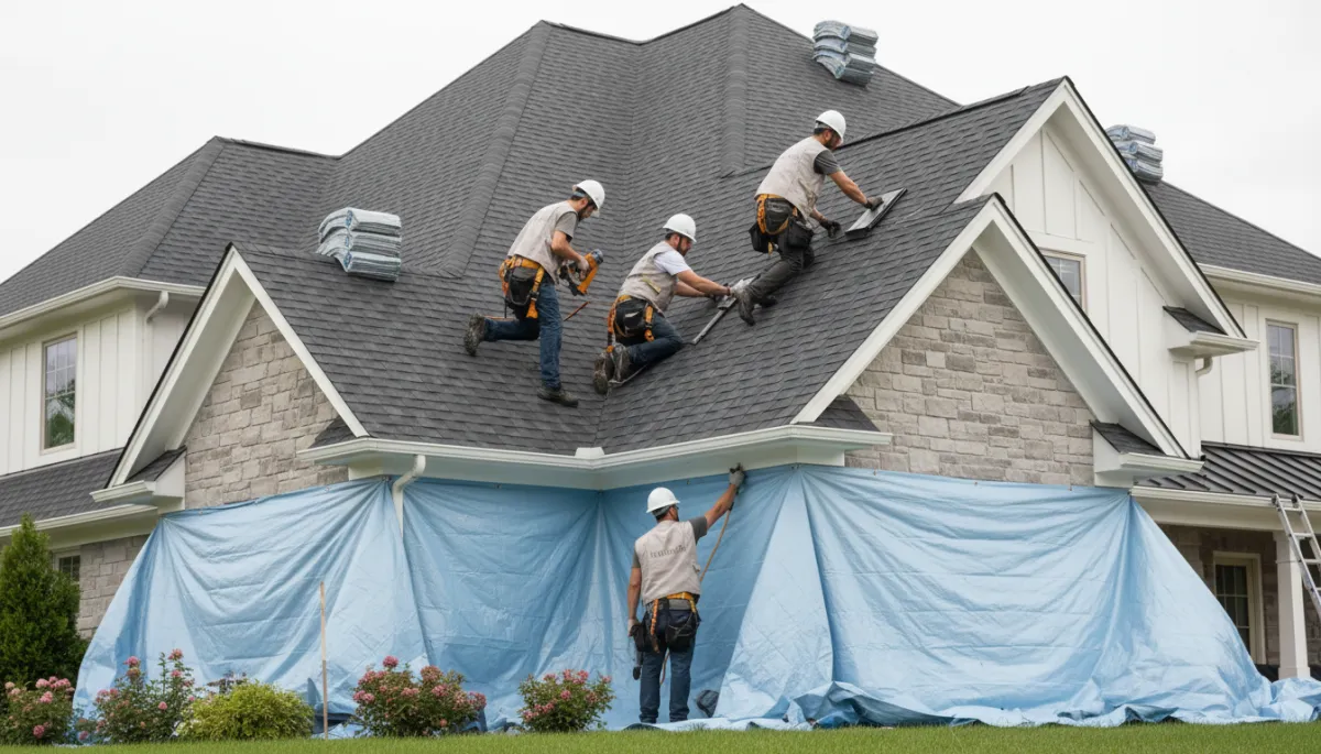 Roofing crew installing new shingles on a residential home