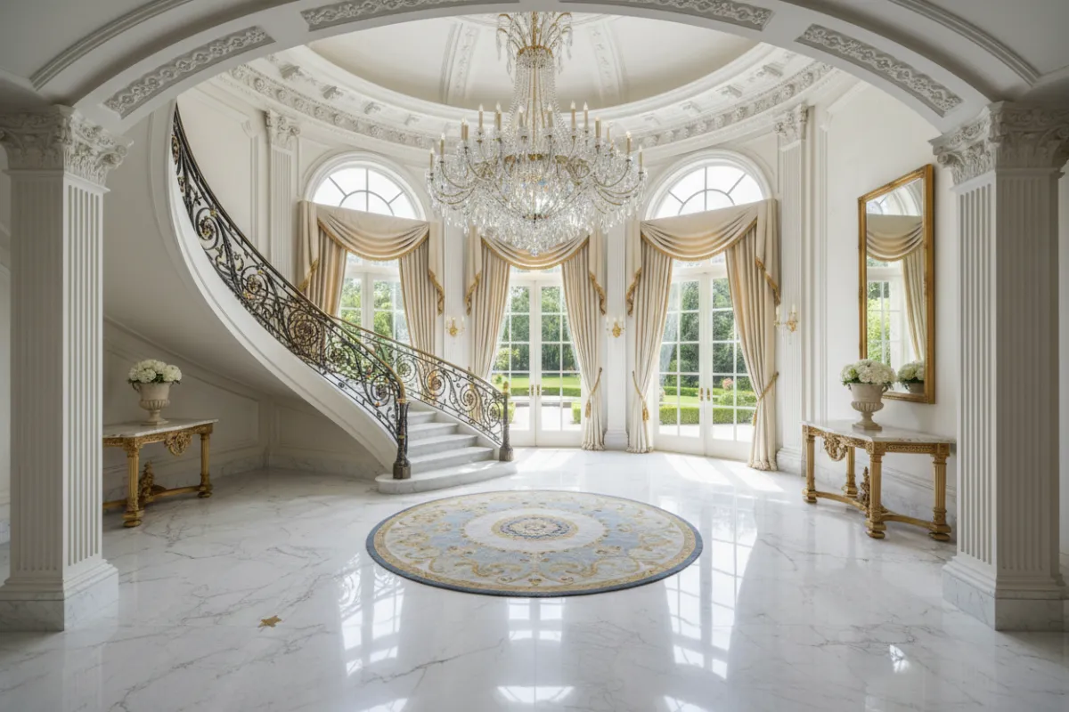 A grand marble foyer with a sweeping staircase, crystal chandelier, and floor-to-ceiling windows. The space is bathed in natural light, highlighting the intricate architectural details and polished surfaces. The atmosphere is welcoming yet opulent, setting the tone for the rest of the property.
