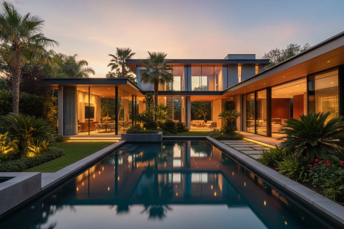 A modern luxury home with expansive glass walls, infinity pool, and lush landscaping at sunset, exuding exclusivity and sophistication.