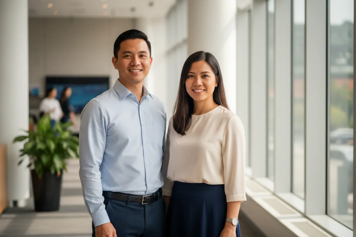 Dexter and Maricar Cato, professional Filipino couple in a bright modern office lobby.