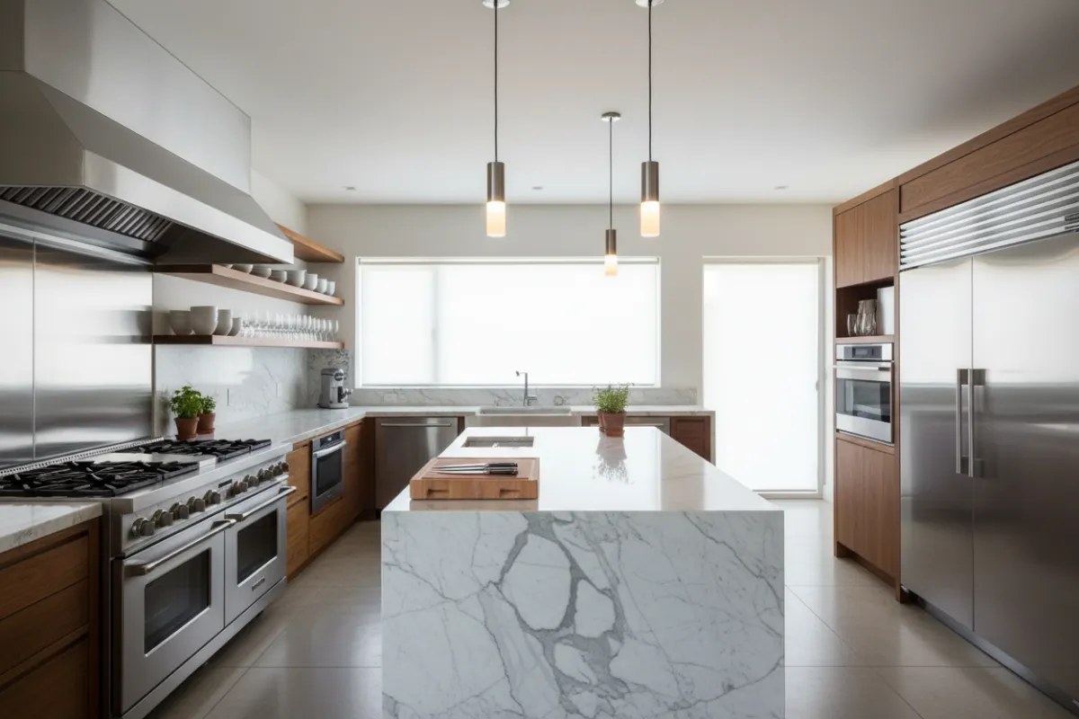A chef's kitchen featuring high-end stainless steel appliances, marble countertops, and a spacious island. Elegant pendant lighting hangs above, and open shelving displays fine dishware. The design is both functional and visually stunning, perfect for entertaining guests.