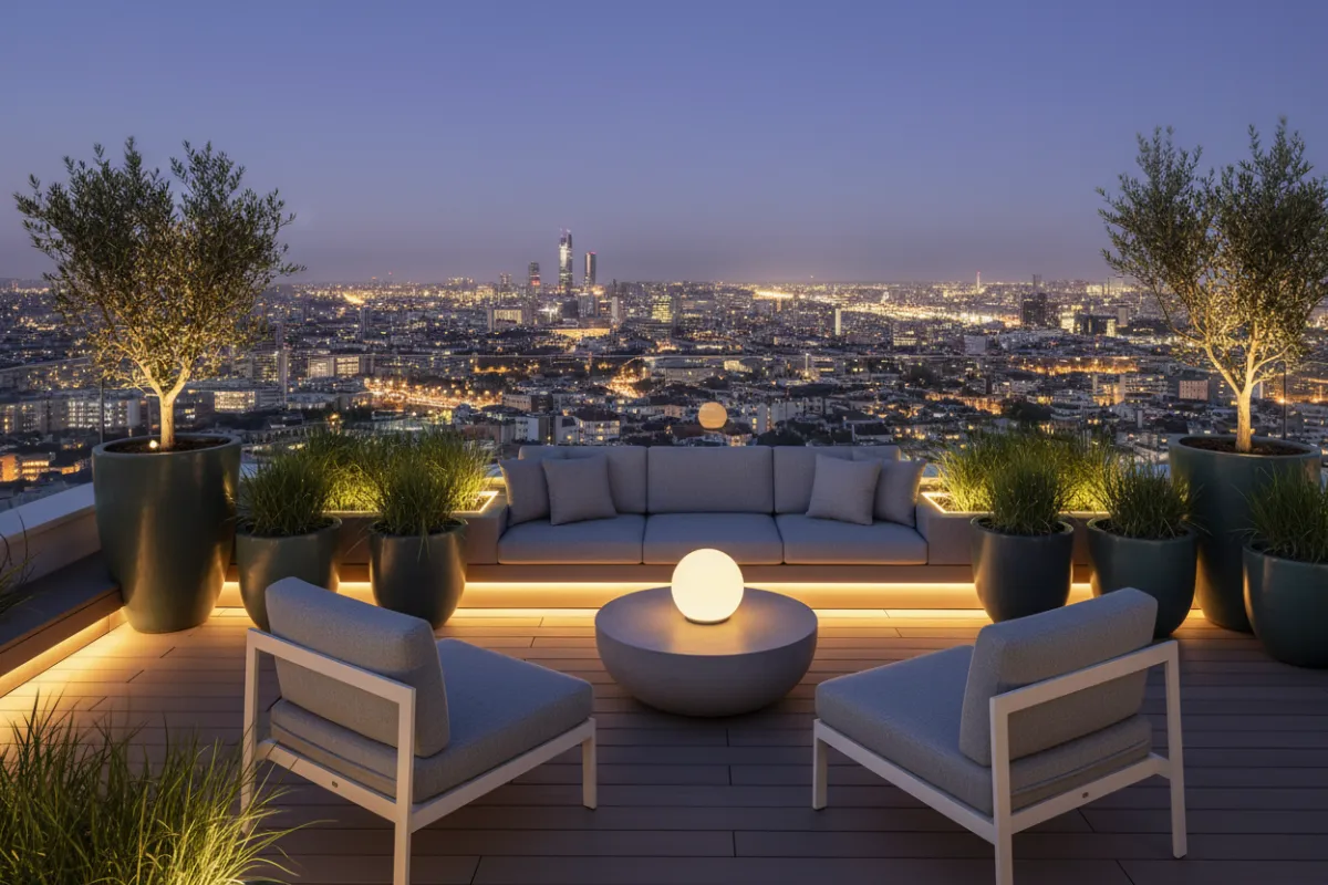 A private terrace overlooking city lights, furnished with modern outdoor seating and lush planters. Ambient evening lighting creates a cozy, inviting atmosphere, ideal for relaxing or entertaining. The view emphasizes the exclusivity and urban appeal of the property.