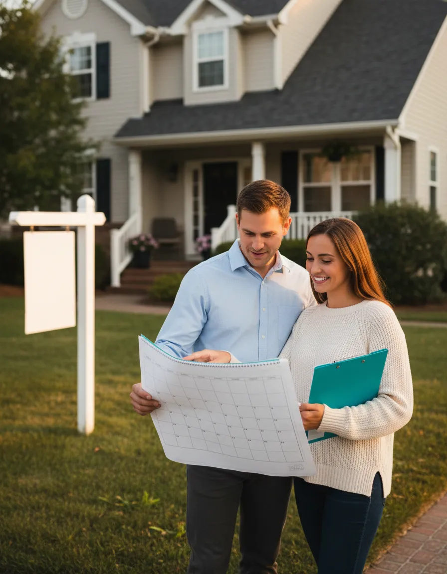 Couple planning their home sale and new build timeline in front of their current house