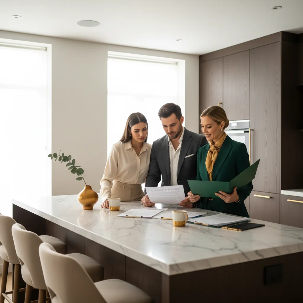 Couple confidently reviewing competitive cash offers with their agent