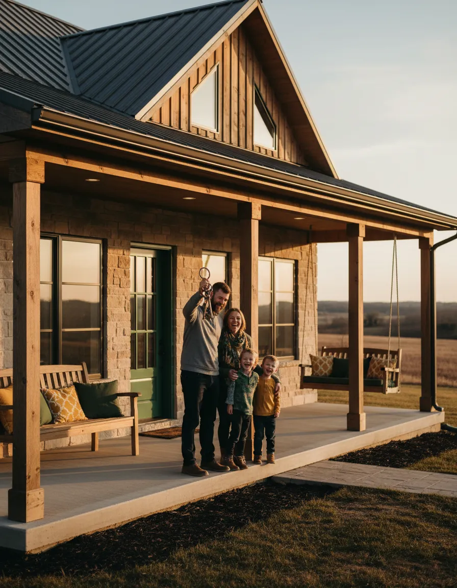Happy family outside their new construction home in Two Step Farm