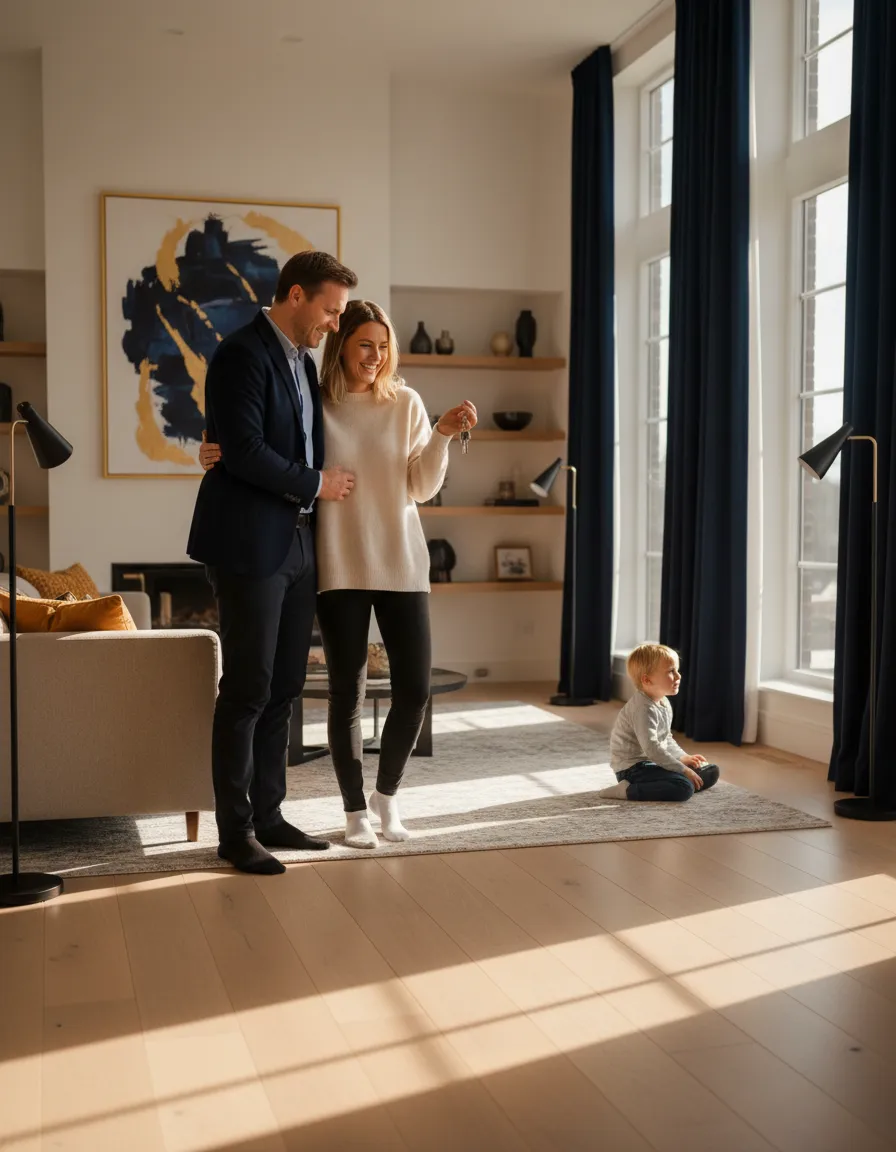 Family looking relieved and happy in their new living room