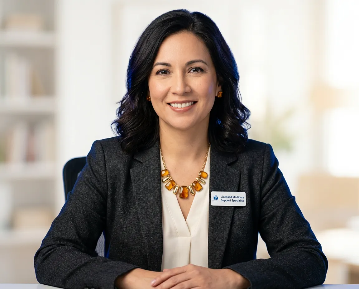 Friendly licensed Medicare support specialist smiling in a bright professional setting