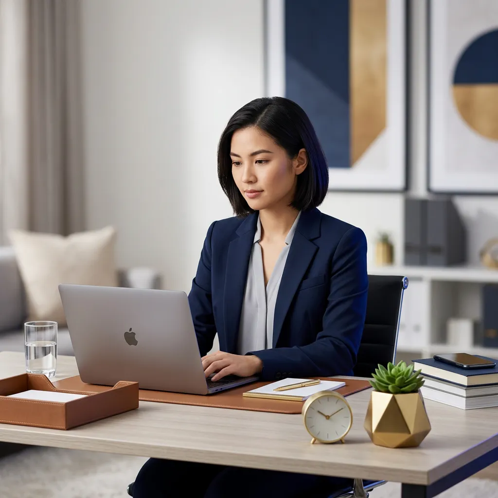 Professional virtual assistant working efficiently at a tidy modern office workstation with laptop