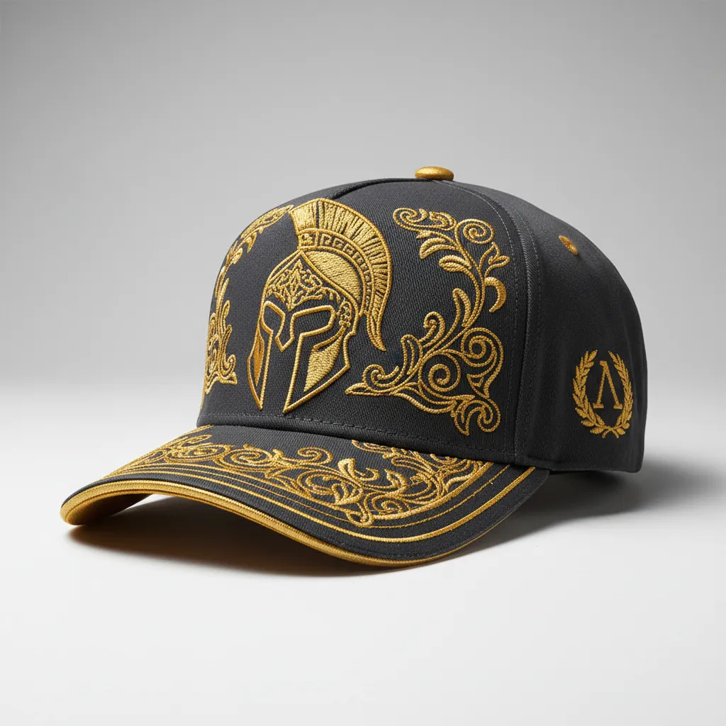 Gorra custom Esparta con diseño exclusivo, detalles dorados, fondo gris claro, sin personas, composición cuadrada