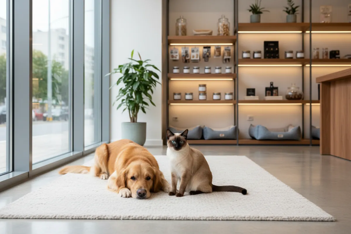 Perro y gato felices en un entorno moderno de tienda de mascotas, con luz natural y ambiente premium