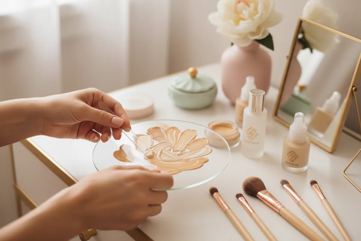 Primer plano de manos mezclando base en una paleta, rodeadas de brochas y productos de DIYFShop. El fondo está suavemente desenfocado, con un tocador en tonos pastel y acentos dorados, destacando el proceso de crear una rutina de belleza personalizada.